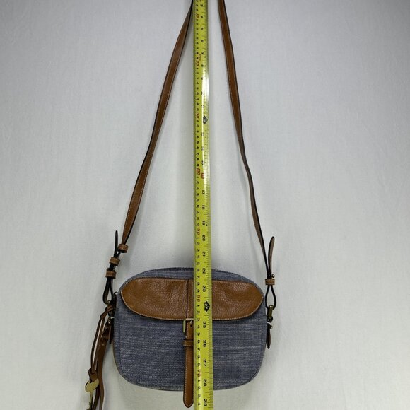 Fossil Purse Crossbody Leather & Denim Soft Navy/Tan with Braded Fringe Small - Picture 3 of 8